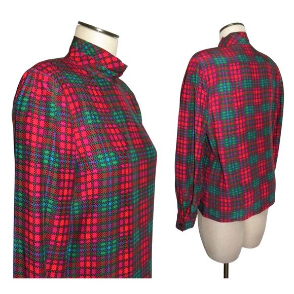 70's 80s Liz Claiborne Red Plaid High Collar Silk Blouse | XSMALL - Picture 7 of 8